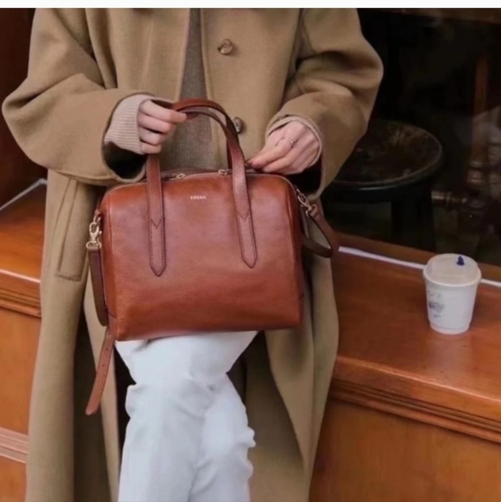 NWT Fossil Brown Leather Satchel NEW - Picture 2 of 16